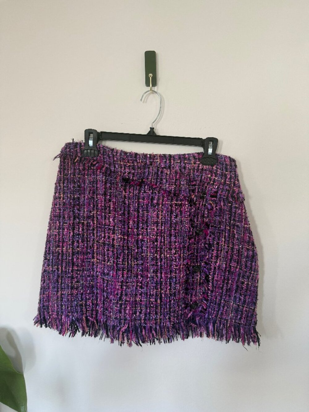 Zara Wrap Mini Skirt Fringe Hem Purple Magenta Size L